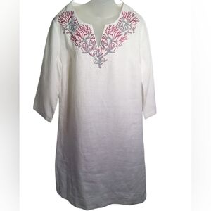 Talbots Women's Beaded V Neck Coral Tree Tunic Breezy 3/4 Sleeve Linen Dress S,